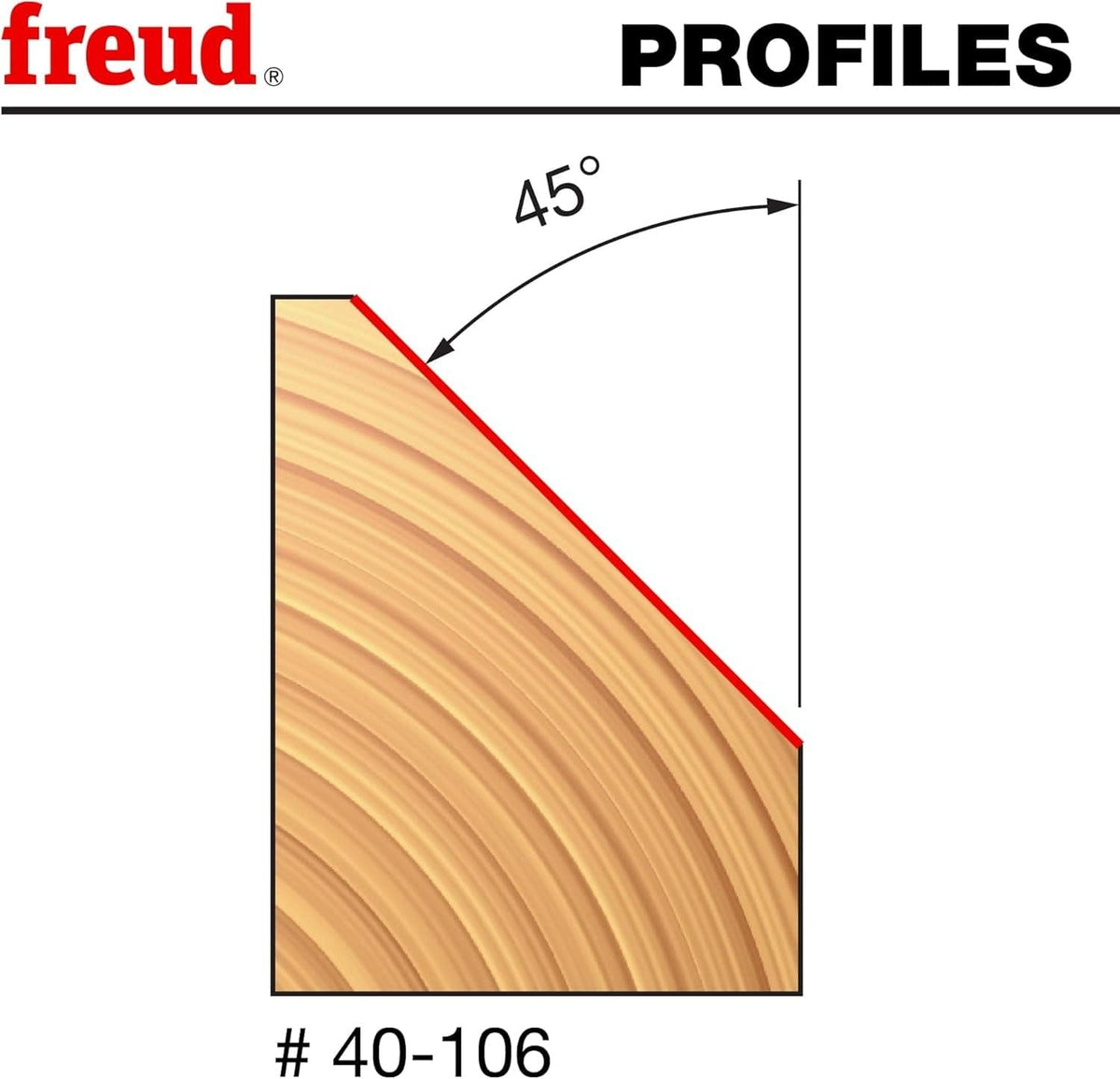 Technical profile diagram of the Freud 40-106 router bit illustrating the precise 45-degree angle cut produced on a wood edge for decorative edging and crisp geometric lines.