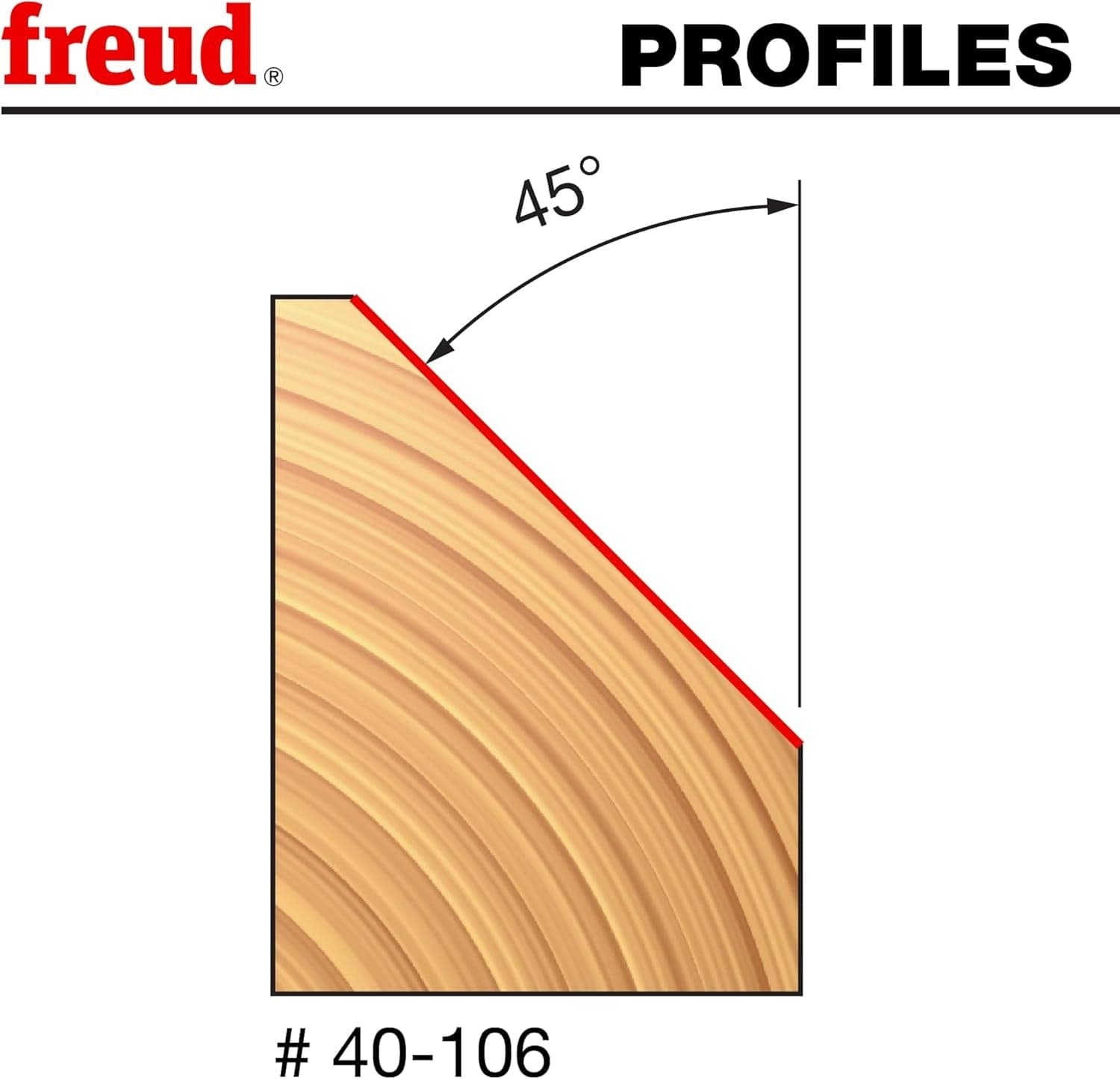 Technical profile diagram of the Freud 40-106 router bit illustrating the precise 45-degree angle cut produced on a wood edge for decorative edging and crisp geometric lines.