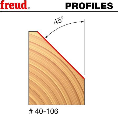 Technical profile diagram of the Freud 40-106 router bit illustrating the precise 45-degree angle cut produced on a wood edge for decorative edging and crisp geometric lines.