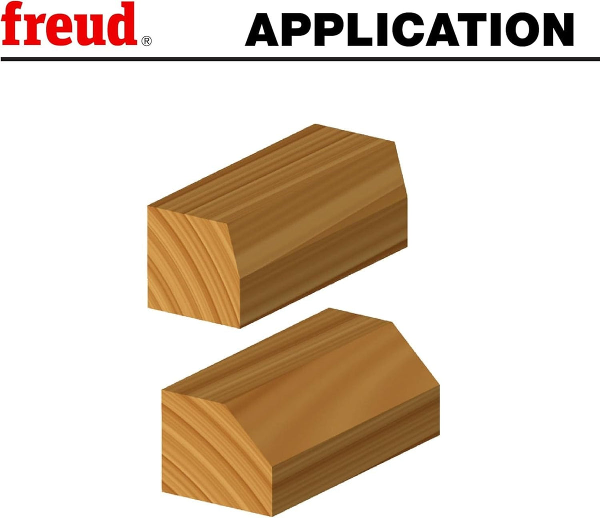 Application illustration demonstrating two types of 45-degree bevel cuts achievable with the Freud 40-106 bit, ideal for easing sharp edges or creating decorative joinery.