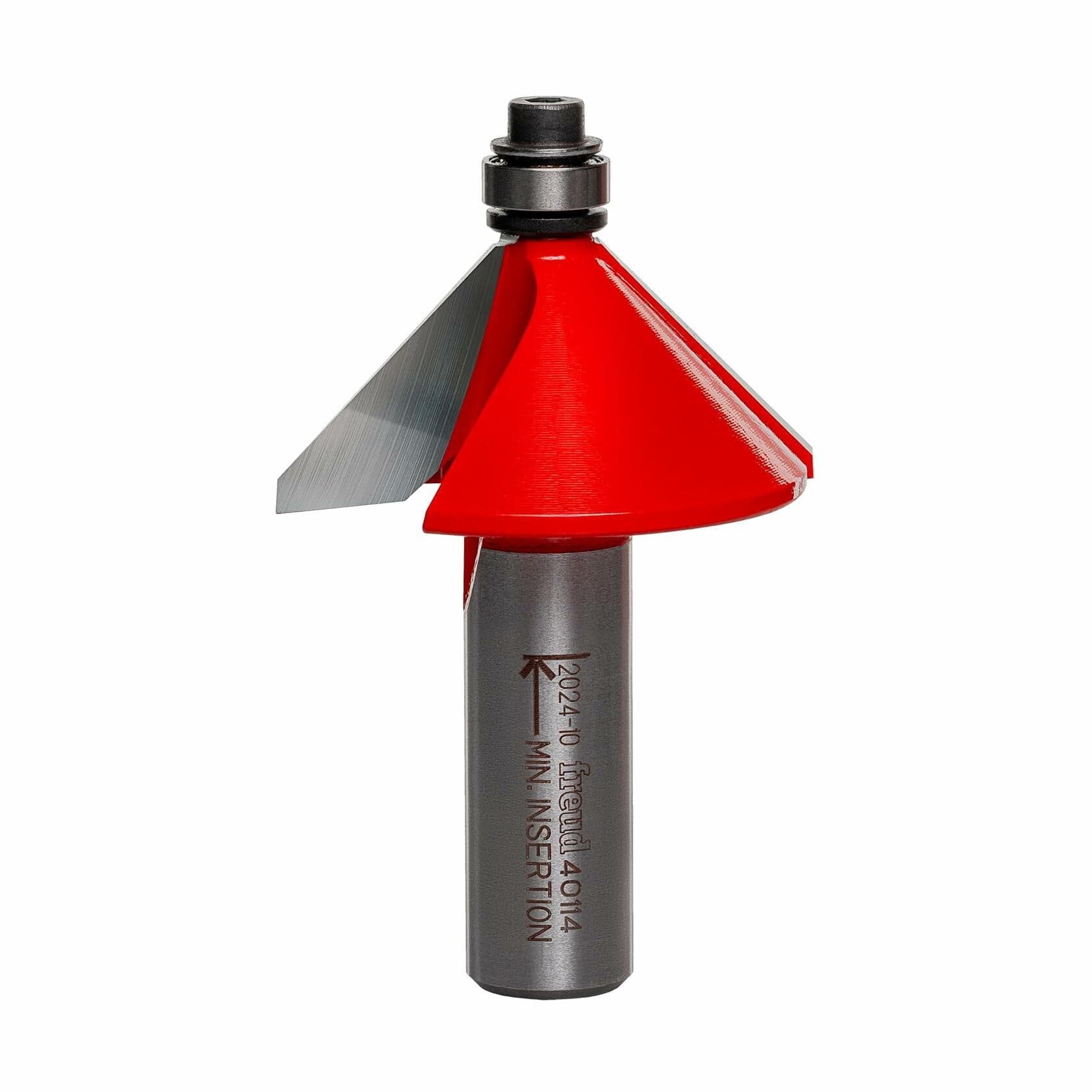 Close-up of Freud 40-114 chamfer router bit with red body, bearing guide, and engraved shank text, designed for creating beveled edges in wood.