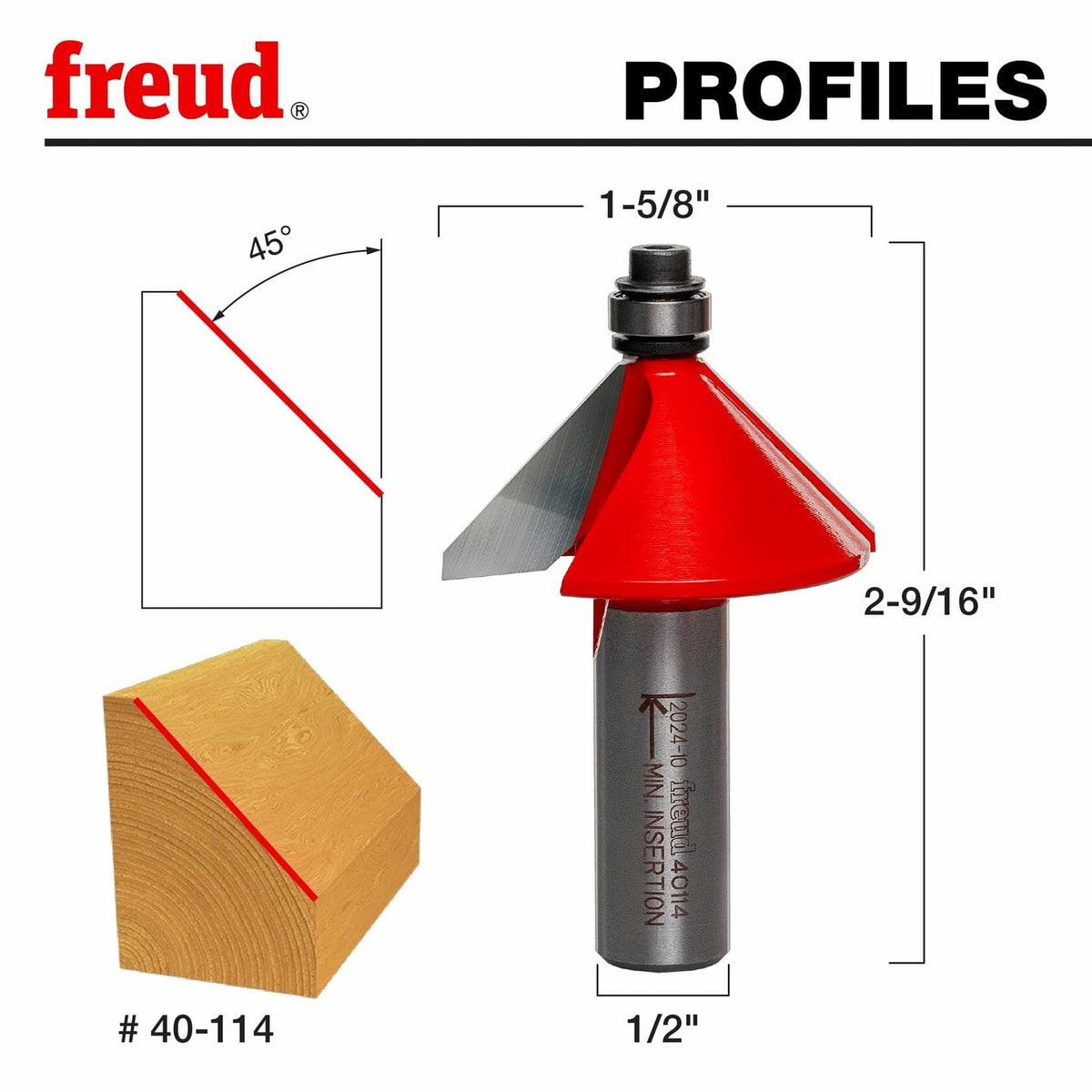 Detailed diagram of Freud 40-114 chamfer router bit with labeled dimensions and cutting profile, showing 45-degree angle and 1-5/8-inch diameter