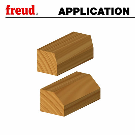 Two wooden boards with beveled edges shown side by side, demonstrating the 45-degree chamfer profile created using the Freud 40-114 router bit