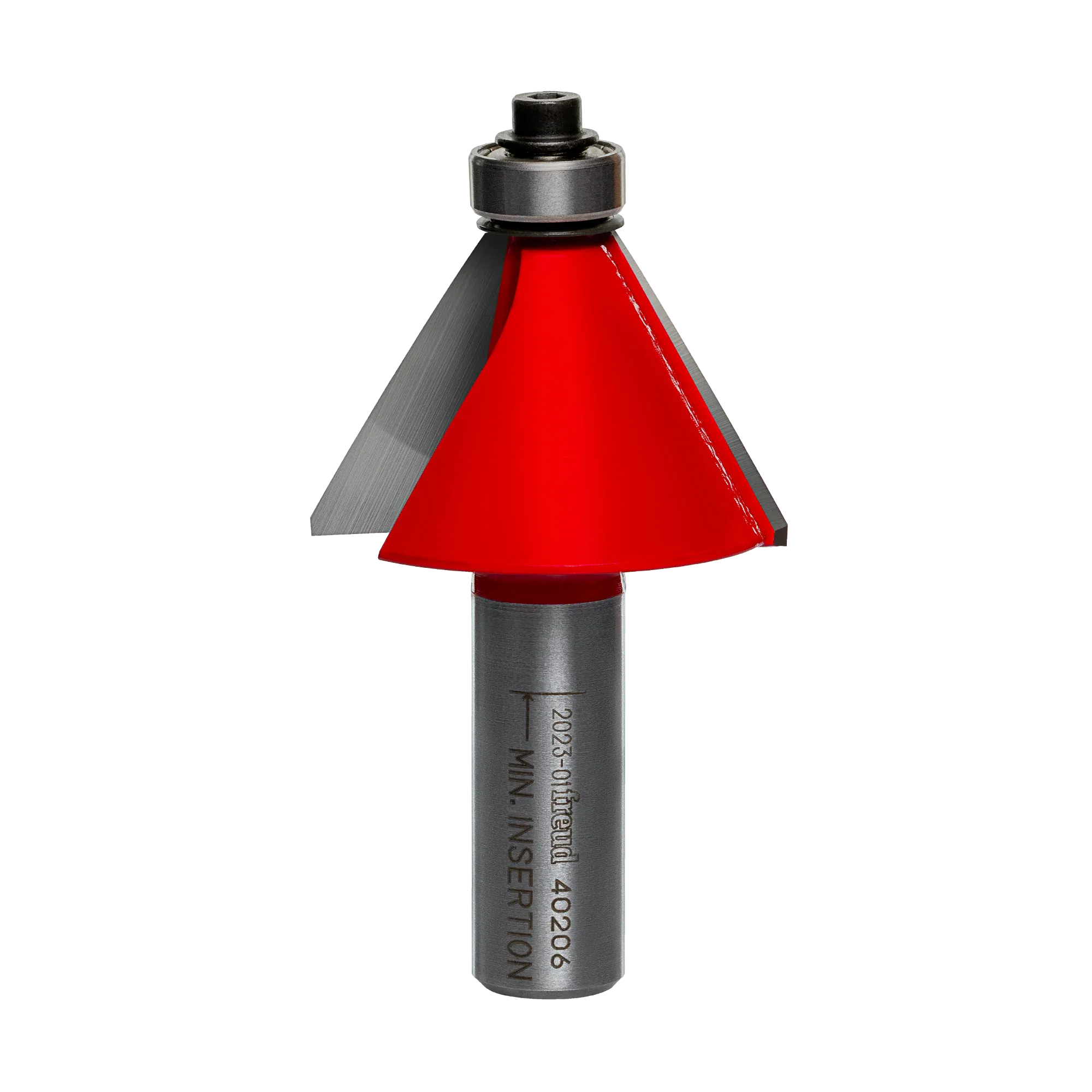 Studio shot of the Freud 40-206 Chamfer router bit featuring a red Perma-SHIELD body, angled carbide cutters, 1/2 inch silver shank, and top ball bearing pilot.