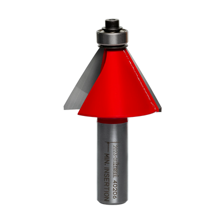 Studio shot of the Freud 40-206 Chamfer router bit featuring a red Perma-SHIELD body, angled carbide cutters, 1/2 inch silver shank, and top ball bearing pilot.