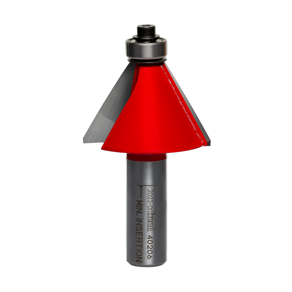 Studio shot of the Freud 40-206 Chamfer router bit featuring a red Perma-SHIELD body, angled carbide cutters, 1/2 inch silver shank, and top ball bearing pilot.