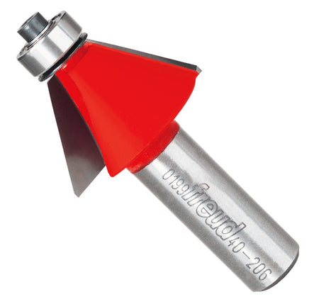 Studio shot of the Freud 40-206 Chamfer router bit featuring a red Perma-SHIELD body, angled carbide cutters, 1/2 inch silver shank, and top ball bearing pilot.