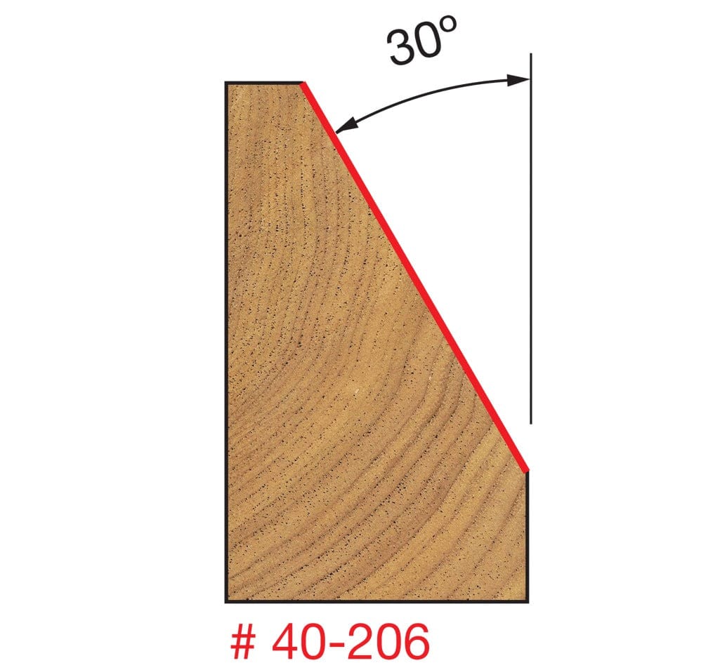 Technical profile diagram illustrating the 30-degree chamfer cut on a wood edge by the Freud 40-206 bit, showing the angle created for joinery or decorative bevels.