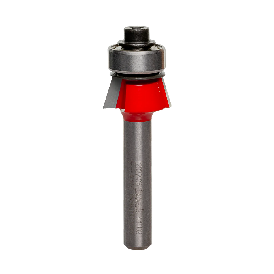 Studio shot of the Freud 41-102 Bevel Trim router bit featuring a red Perma-SHIELD body, angled carbide cutters, 1/4 inch silver shank, and top ball bearing pilot.
