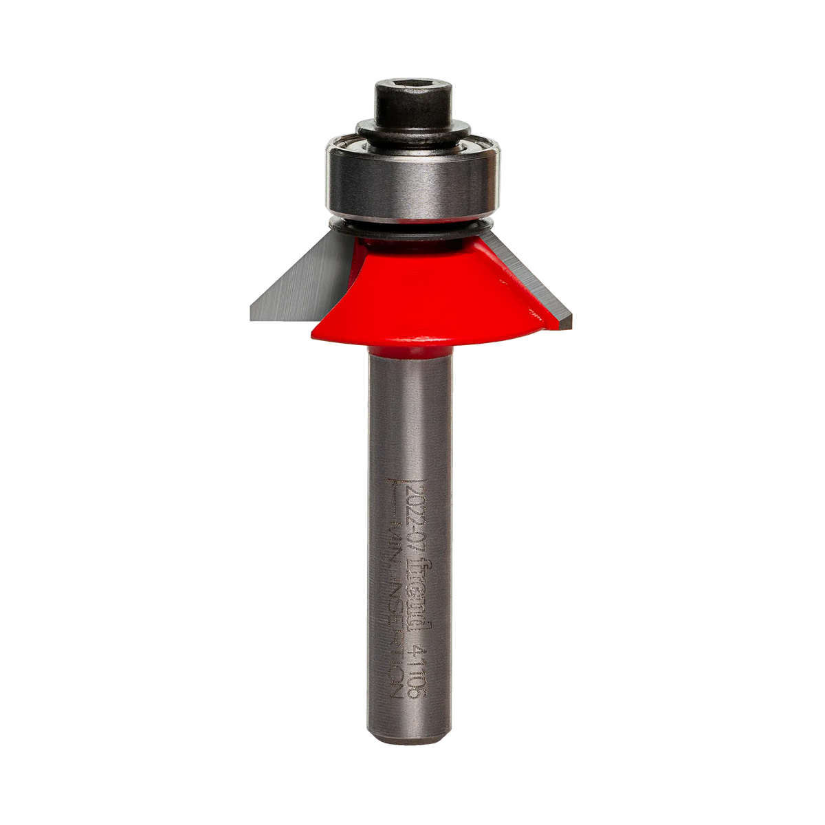 Studio shot of the Freud 41-106 Bevel Trim router bit featuring a red Perma-SHIELD body, angled carbide cutters, 1/4 inch silver shank, and top ball bearing guide.