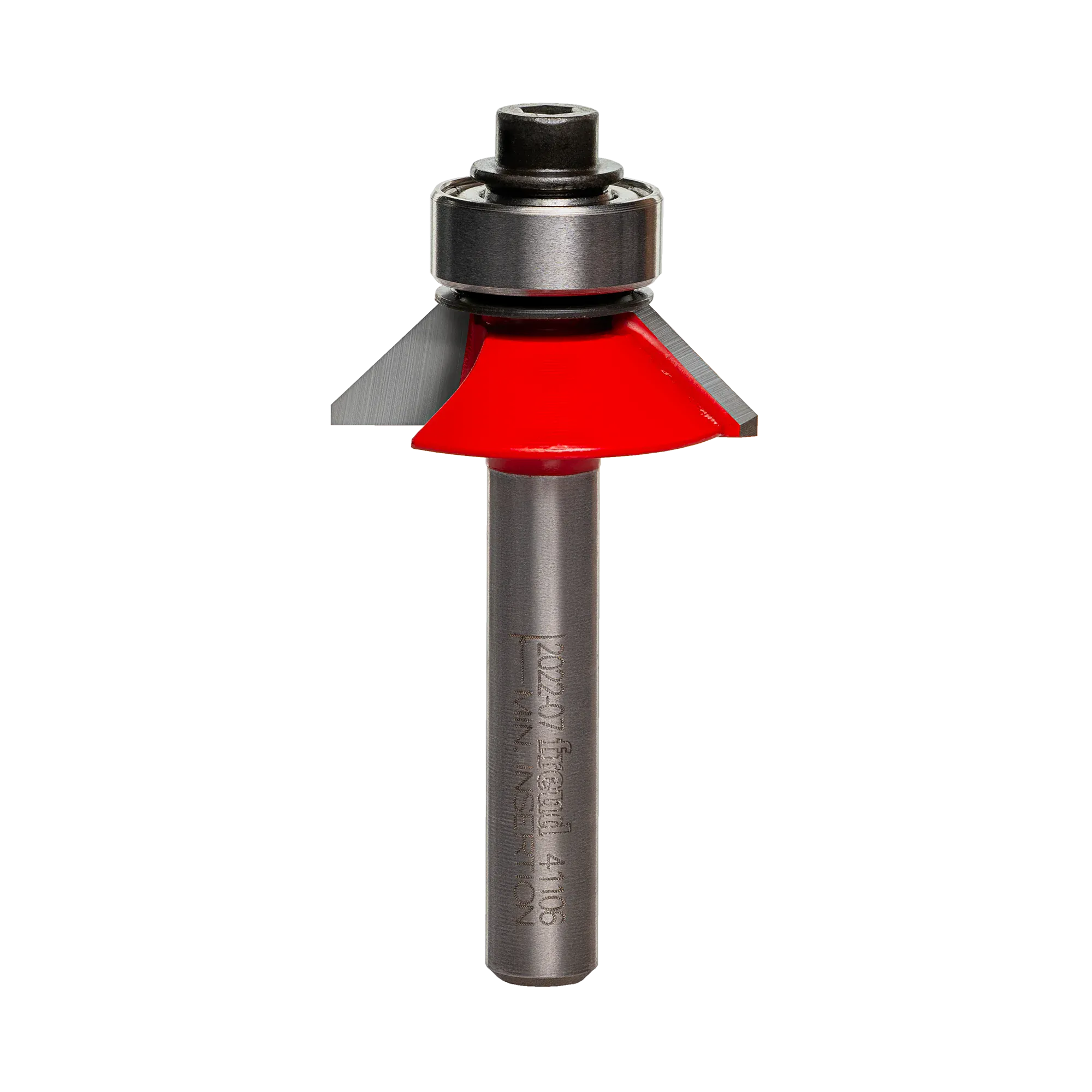 Studio shot of the Freud 41-106 Bevel Trim router bit featuring a red Perma-SHIELD body, angled carbide cutters, 1/4 inch silver shank, and top ball bearing guide.