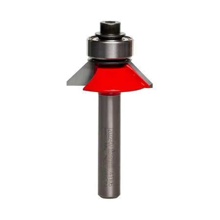 Studio shot of the Freud 41-106 Bevel Trim router bit featuring a red Perma-SHIELD body, angled carbide cutters, 1/4 inch silver shank, and top ball bearing guide.