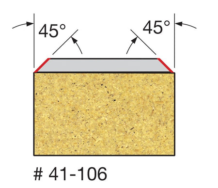 Technical diagram illustrating the 45-degree bevel cut profile on a laminate edge using the Freud 41-106 bit.