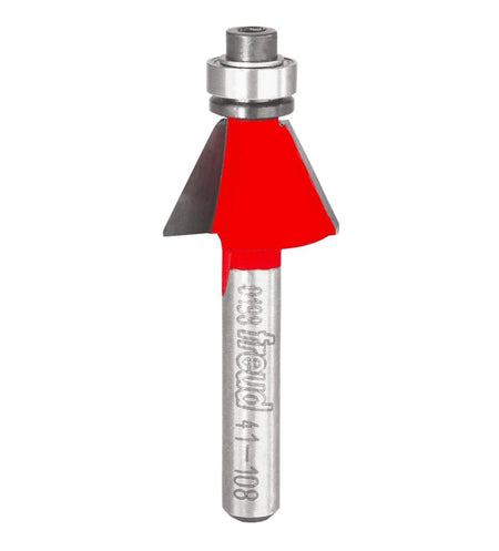 Studio shot of the Freud 41-108 Bevel Trim router bit featuring a red Perma-SHIELD body, angled carbide cutters, 1/4 inch silver shank, and top ball bearing guide.