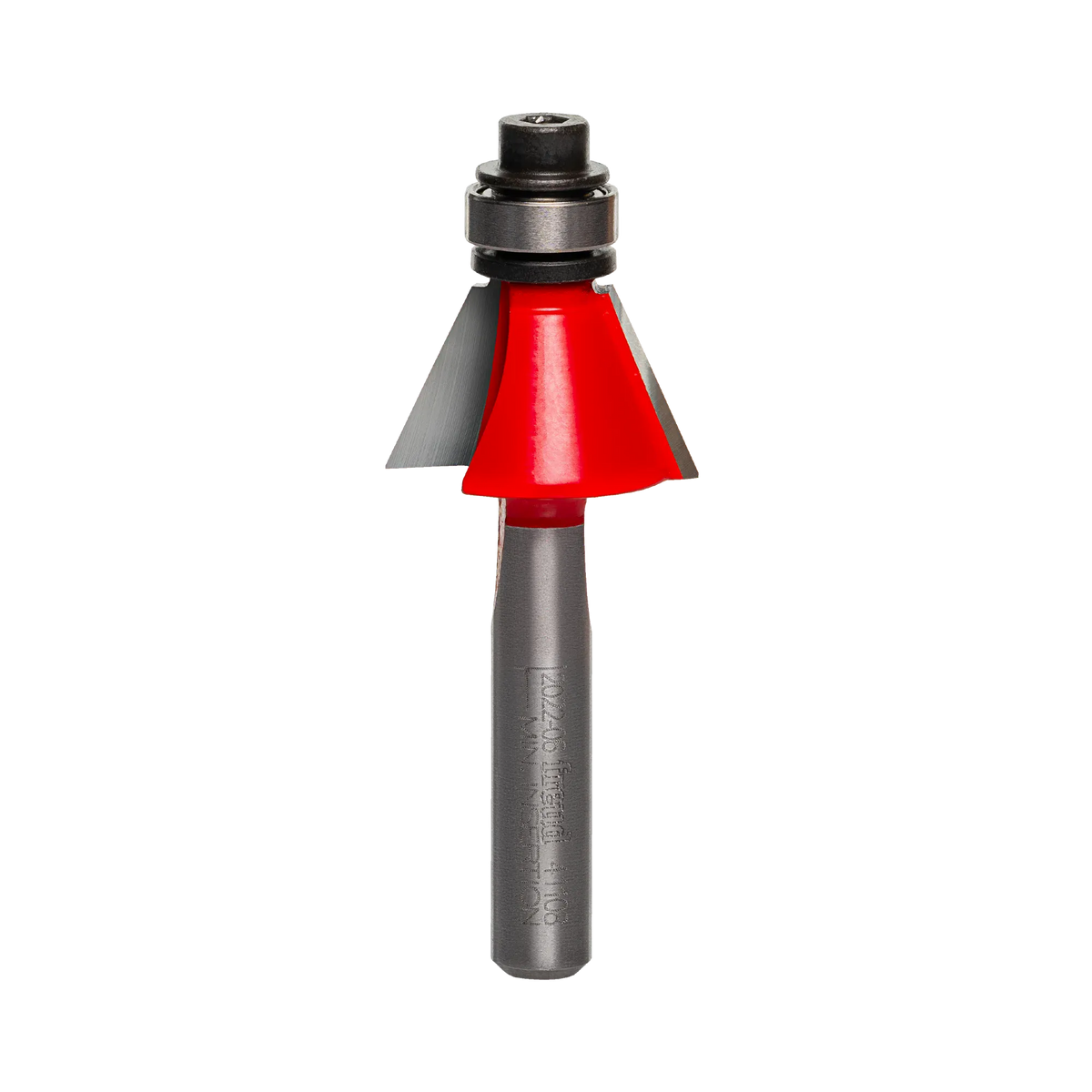 Studio shot of the Freud 41-108 Bevel Trim router bit featuring a red Perma-SHIELD body, angled carbide cutters, 1/4 inch silver shank, and top ball bearing guide.