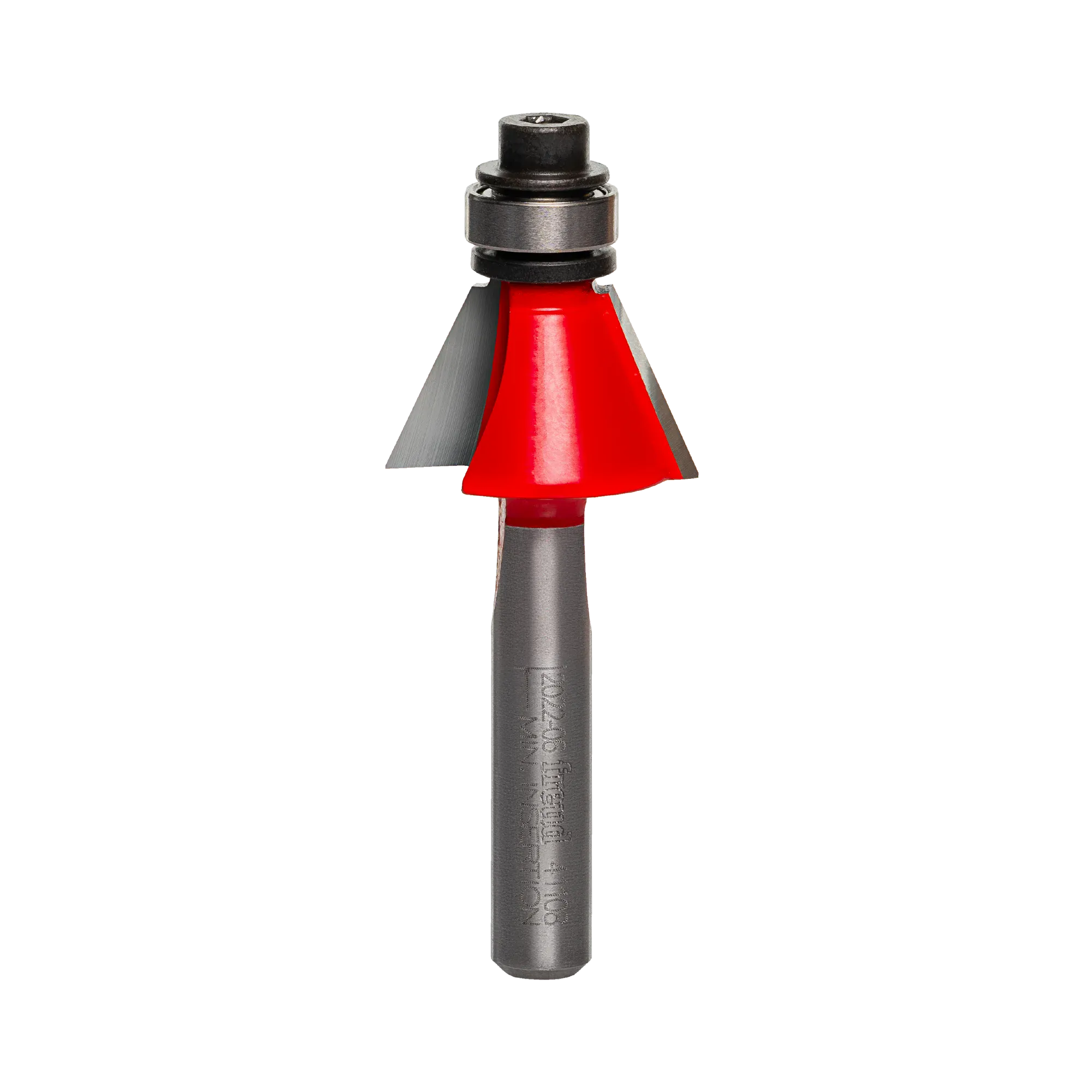 Studio shot of the Freud 41-108 Bevel Trim router bit featuring a red Perma-SHIELD body, angled carbide cutters, 1/4 inch silver shank, and top ball bearing guide.