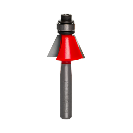 Studio shot of the Freud 41-108 Bevel Trim router bit featuring a red Perma-SHIELD body, angled carbide cutters, 1/4 inch silver shank, and top ball bearing guide.