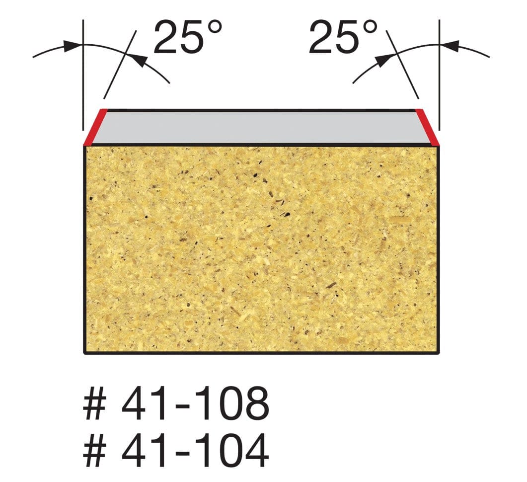 Technical profile diagram illustrating the 25-degree bevel cut profile on a laminate edge using the Freud 41-108 bit, labeled for models 41-108 and 41-104.