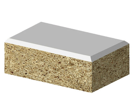 Illustration of a composite block with a laminate top, displaying the clean 25-degree beveled edge finished by the router bit.