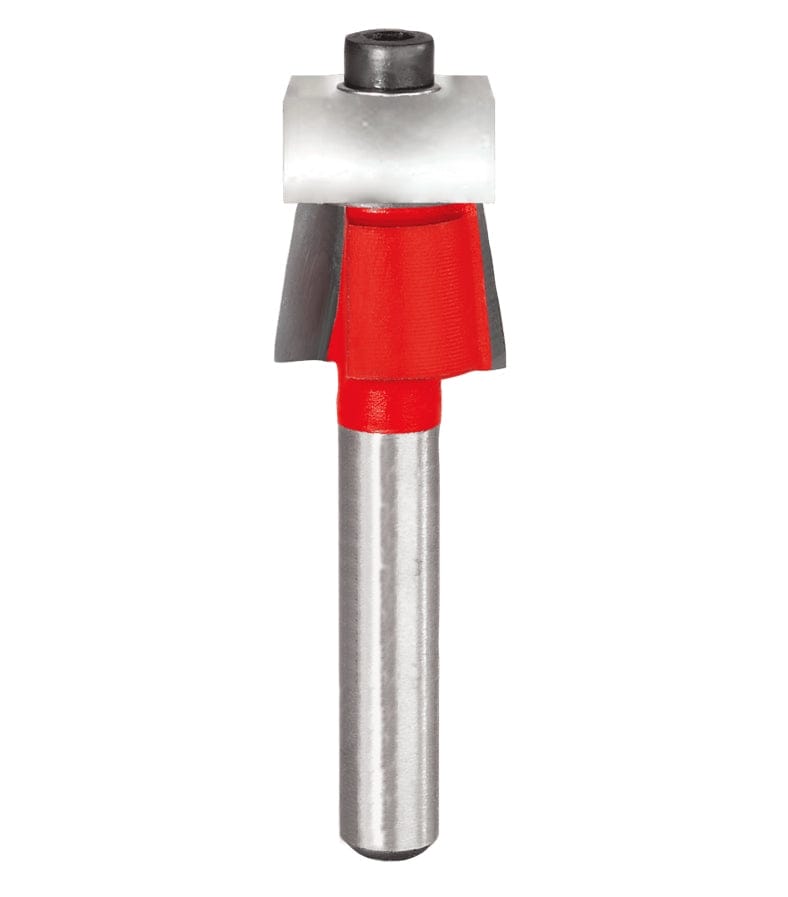 Studio shot of the Freud 41-110 Bevel Trim router bit featuring a red Perma-SHIELD body, two carbide cutters, 1/4 inch silver shank, and top ball bearing guide.