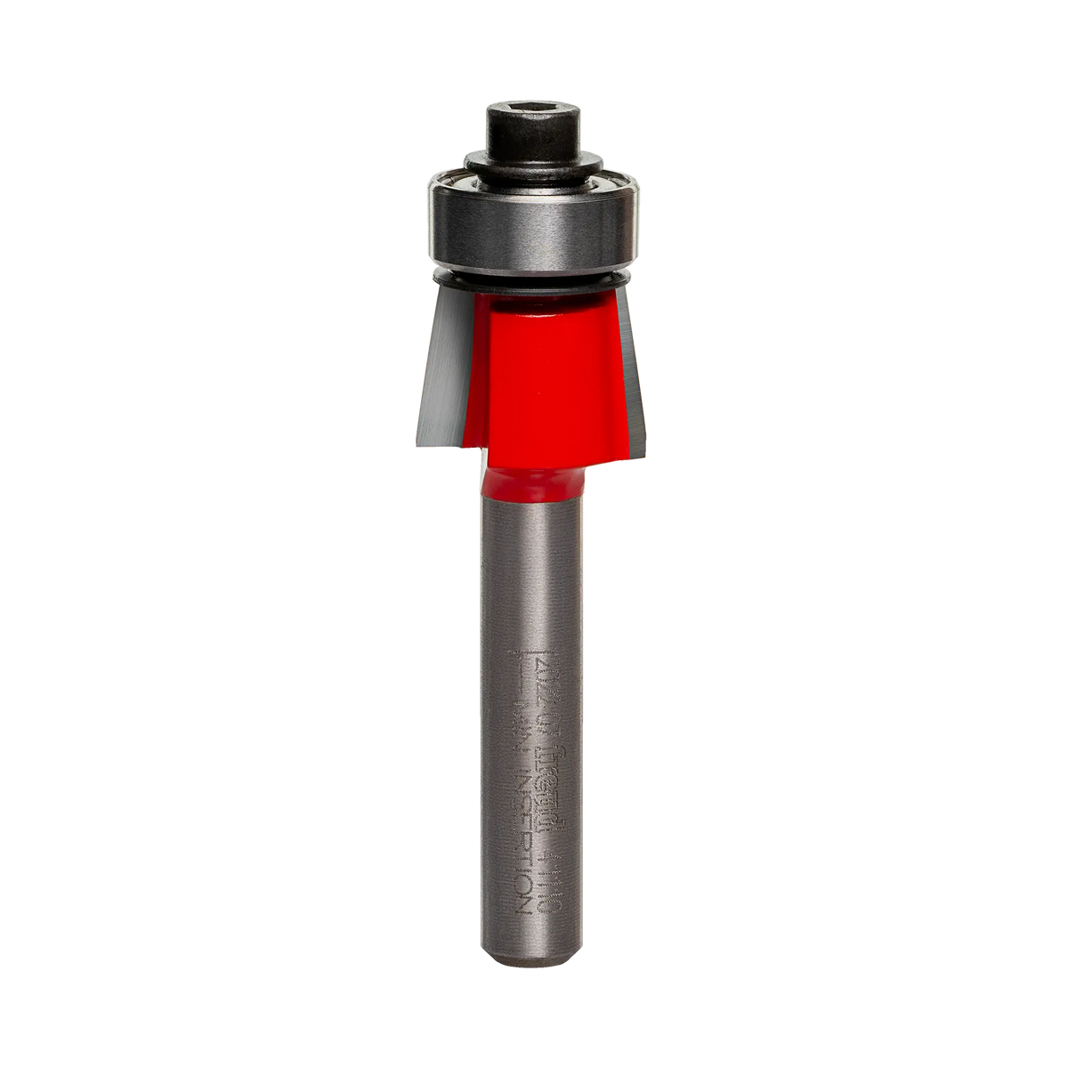 Studio shot of the Freud 41-110 Bevel Trim router bit featuring a red Perma-SHIELD body, two carbide cutters, 1/4 inch silver shank, and top ball bearing guide.