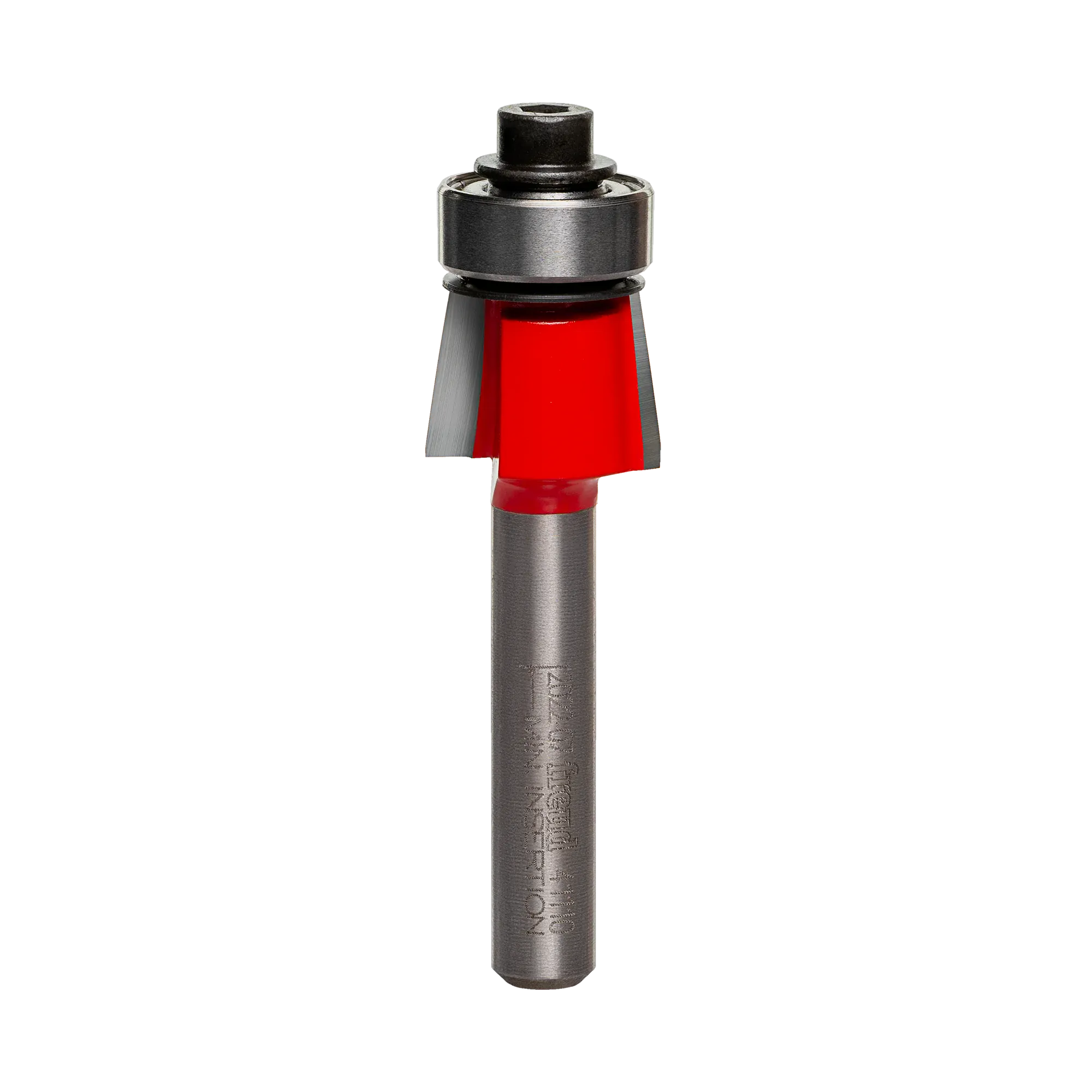 Studio shot of the Freud 41-110 Bevel Trim router bit featuring a red Perma-SHIELD body, two carbide cutters, 1/4 inch silver shank, and top ball bearing guide.
