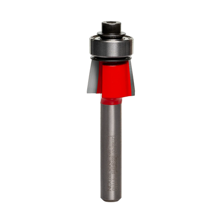 Studio shot of the Freud 41-110 Bevel Trim router bit featuring a red Perma-SHIELD body, two carbide cutters, 1/4 inch silver shank, and top ball bearing guide.