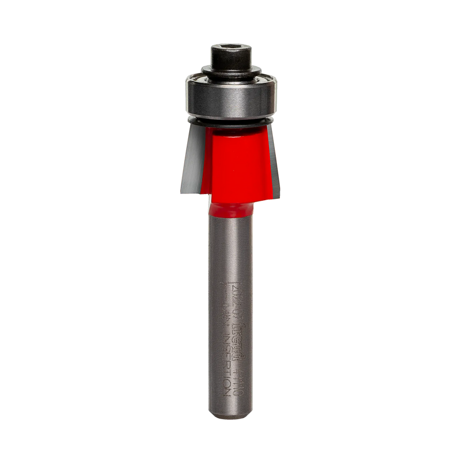 Studio shot of the Freud 41-110 Bevel Trim router bit featuring a red Perma-SHIELD body, two carbide cutters, 1/4 inch silver shank, and top ball bearing guide.