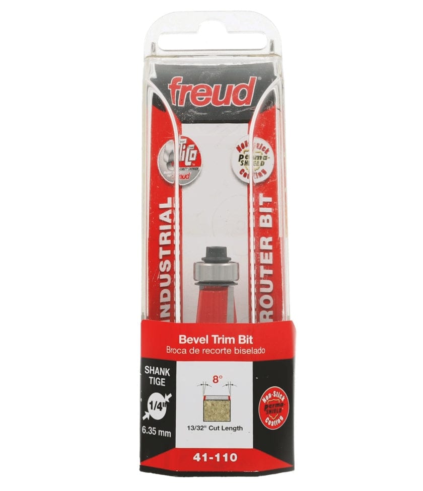 Retail packaging for the Freud 41-110 Industrial Router Bit, displaying the bit inside a plastic case with text indicating a Bevel Trim profile, 8 degree angle, and 1/4 inch shank.