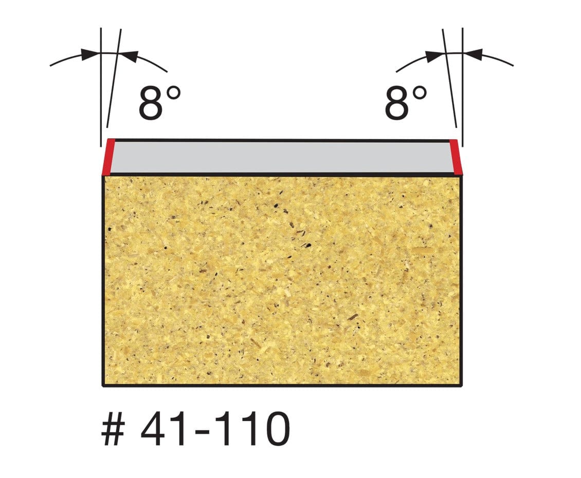 Technical profile diagram illustrating the 8-degree bevel cut profile on a laminate edge using the Freud 41-110 bit.