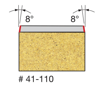 Technical profile diagram illustrating the 8-degree bevel cut profile on a laminate edge using the Freud 41-110 bit.