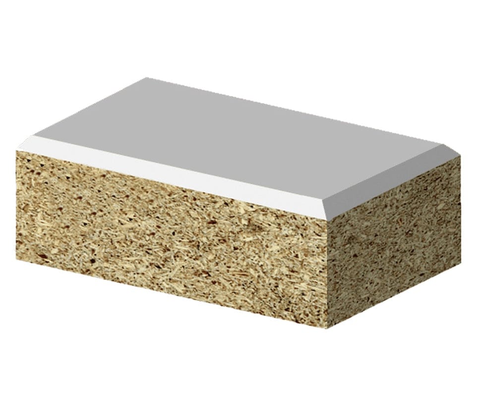 Illustration of a composite block with a laminate top, displaying the clean 8-degree beveled edge finished by the router bit.