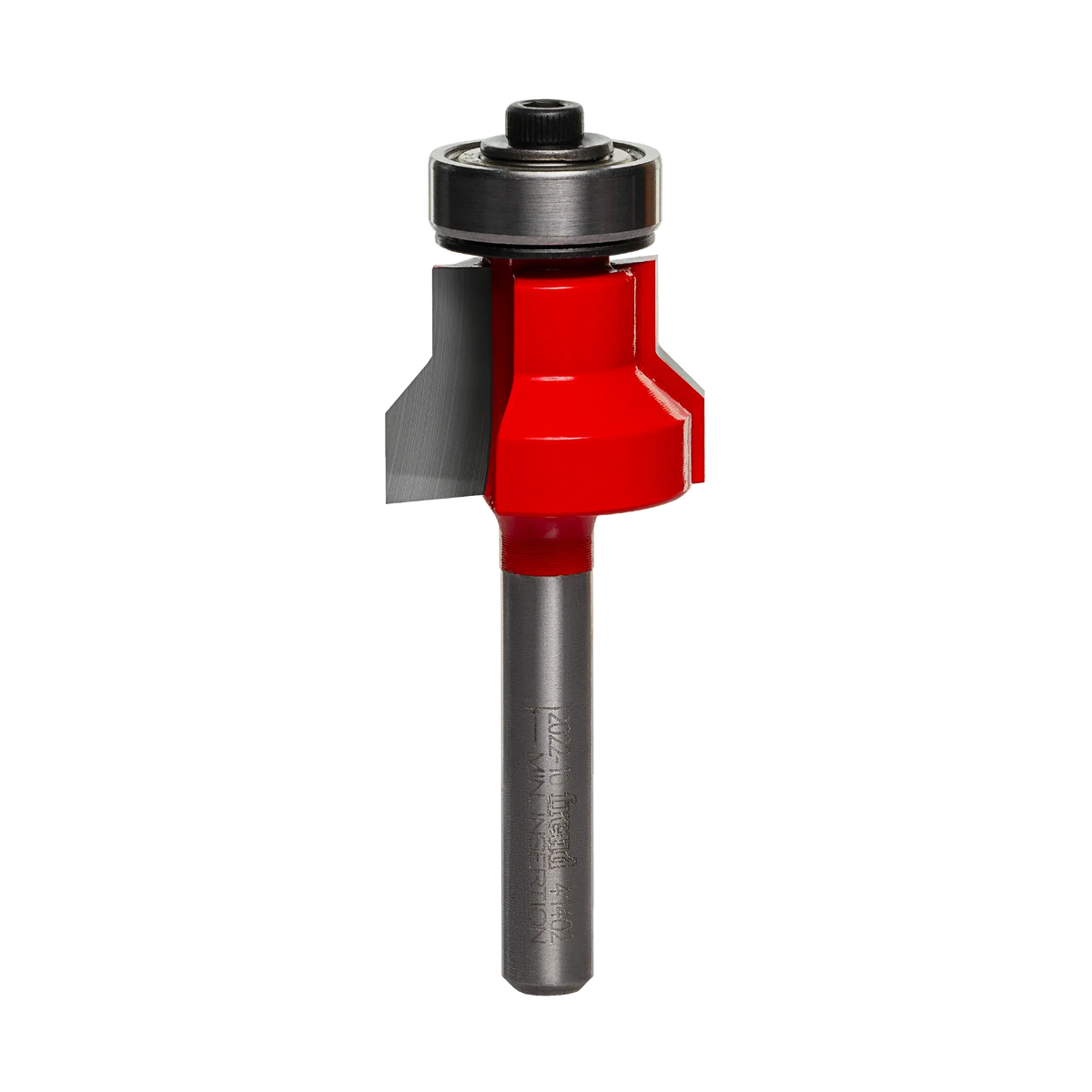 Studio shot of the Freud 41-402 Flush and Bevel Trim router bit featuring a red Perma-SHIELD body, two carbide cutters, 1/4 inch silver shank, and top ball bearing guide.