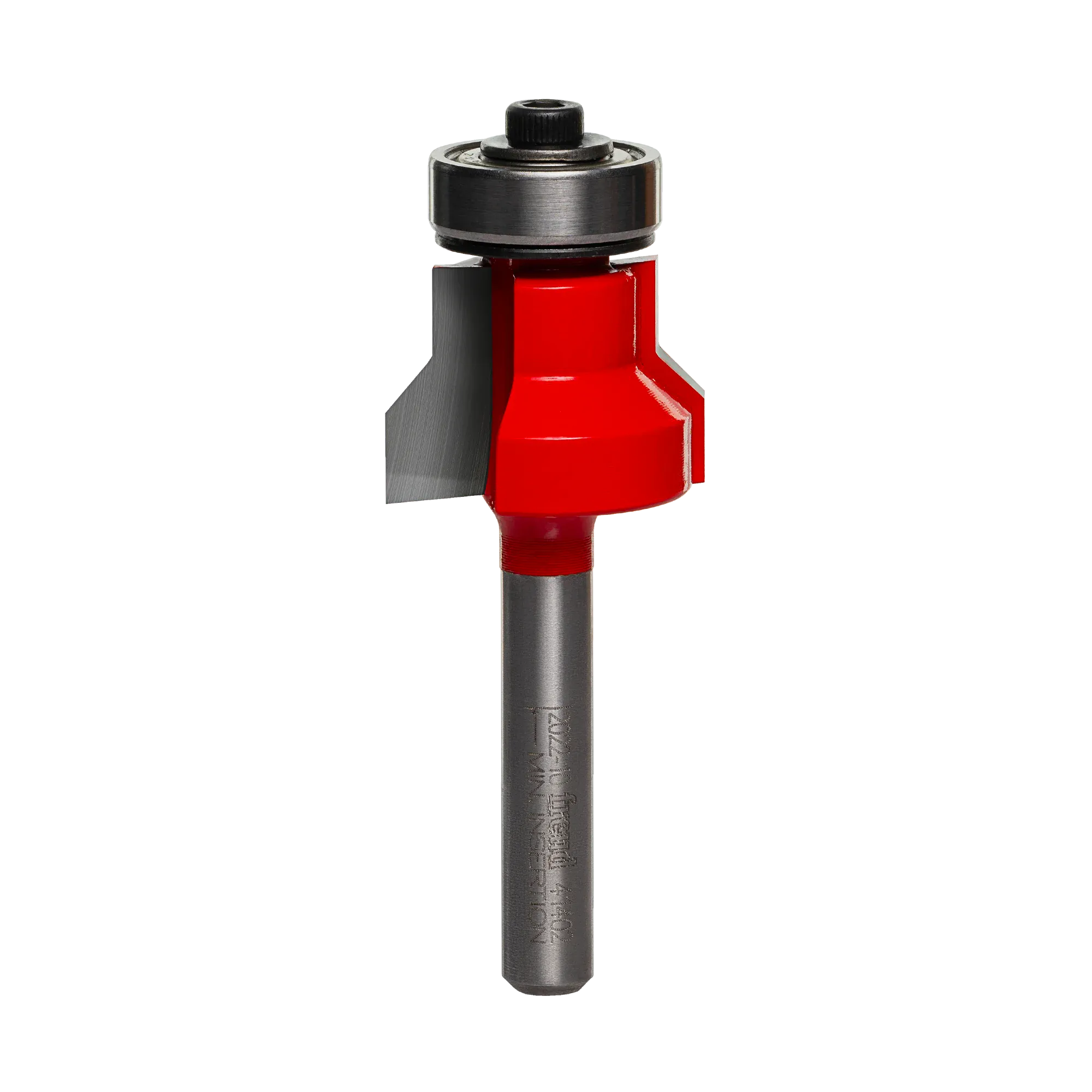 Studio shot of the Freud 41-402 Flush and Bevel Trim router bit featuring a red Perma-SHIELD body, two carbide cutters, 1/4 inch silver shank, and top ball bearing guide.