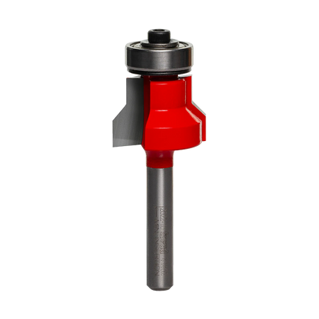 Studio shot of the Freud 41-402 Flush and Bevel Trim router bit featuring a red Perma-SHIELD body, two carbide cutters, 1/4 inch silver shank, and top ball bearing guide.