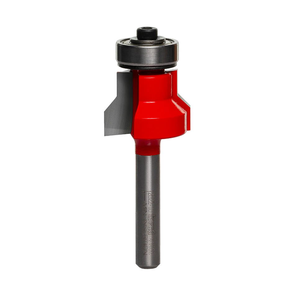 Studio shot of the Freud 41-402 Flush and Bevel Trim router bit featuring a red Perma-SHIELD body, two carbide cutters, 1/4 inch silver shank, and top ball bearing guide.