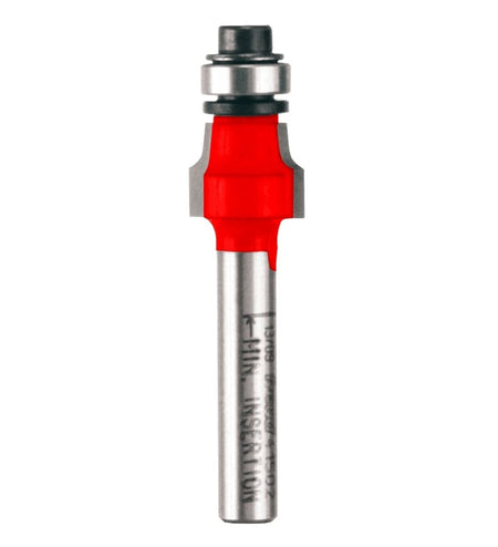 Studio shot of the Freud 41-502 Radius Laminate Trim router bit featuring a red Perma-SHIELD body, two carbide cutters, 1/4 inch silver shank, and top ball bearing guide.