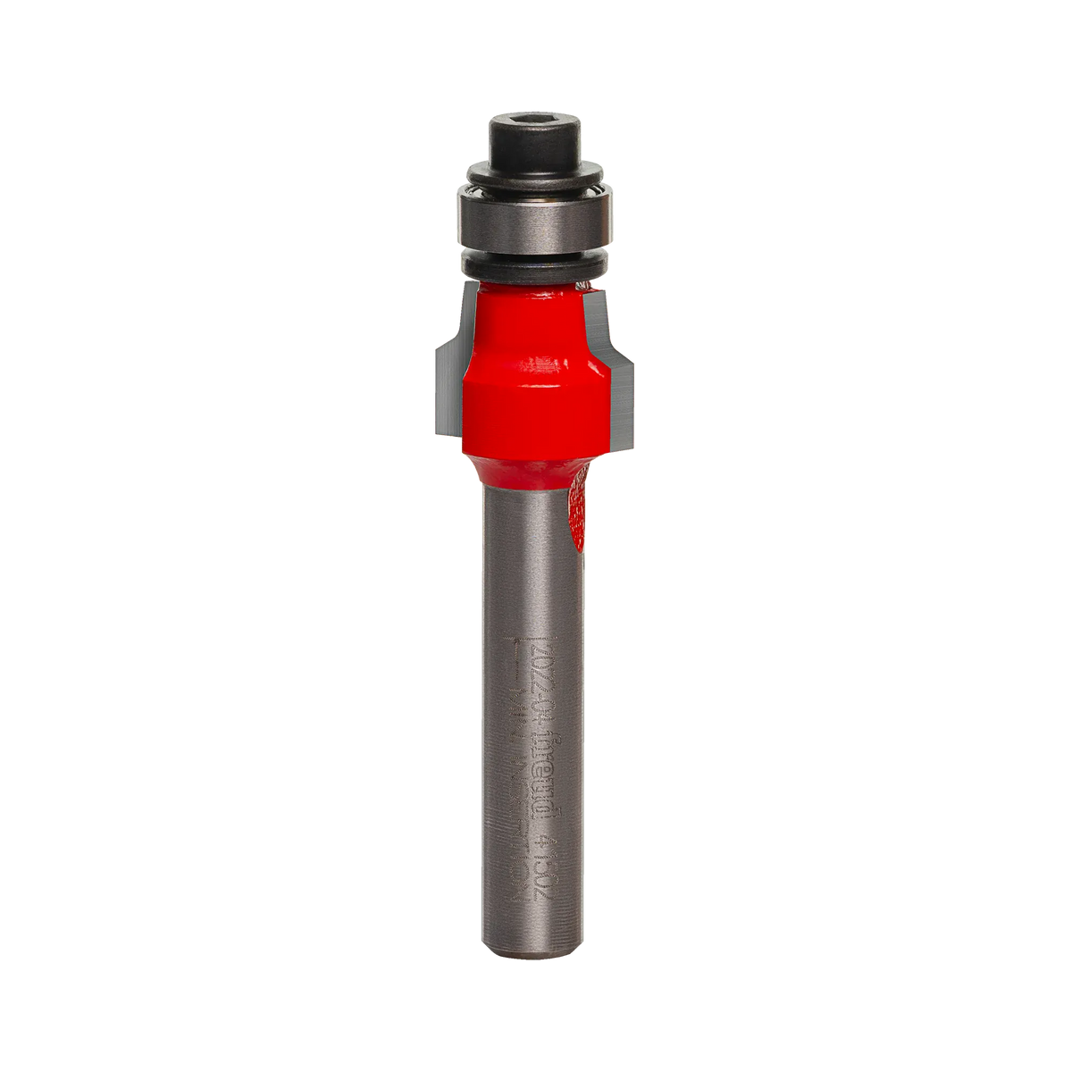 Studio shot of the Freud 41-502 Radius Laminate Trim router bit featuring a red Perma-SHIELD body, two carbide cutters, 1/4 inch silver shank, and top ball bearing guide.