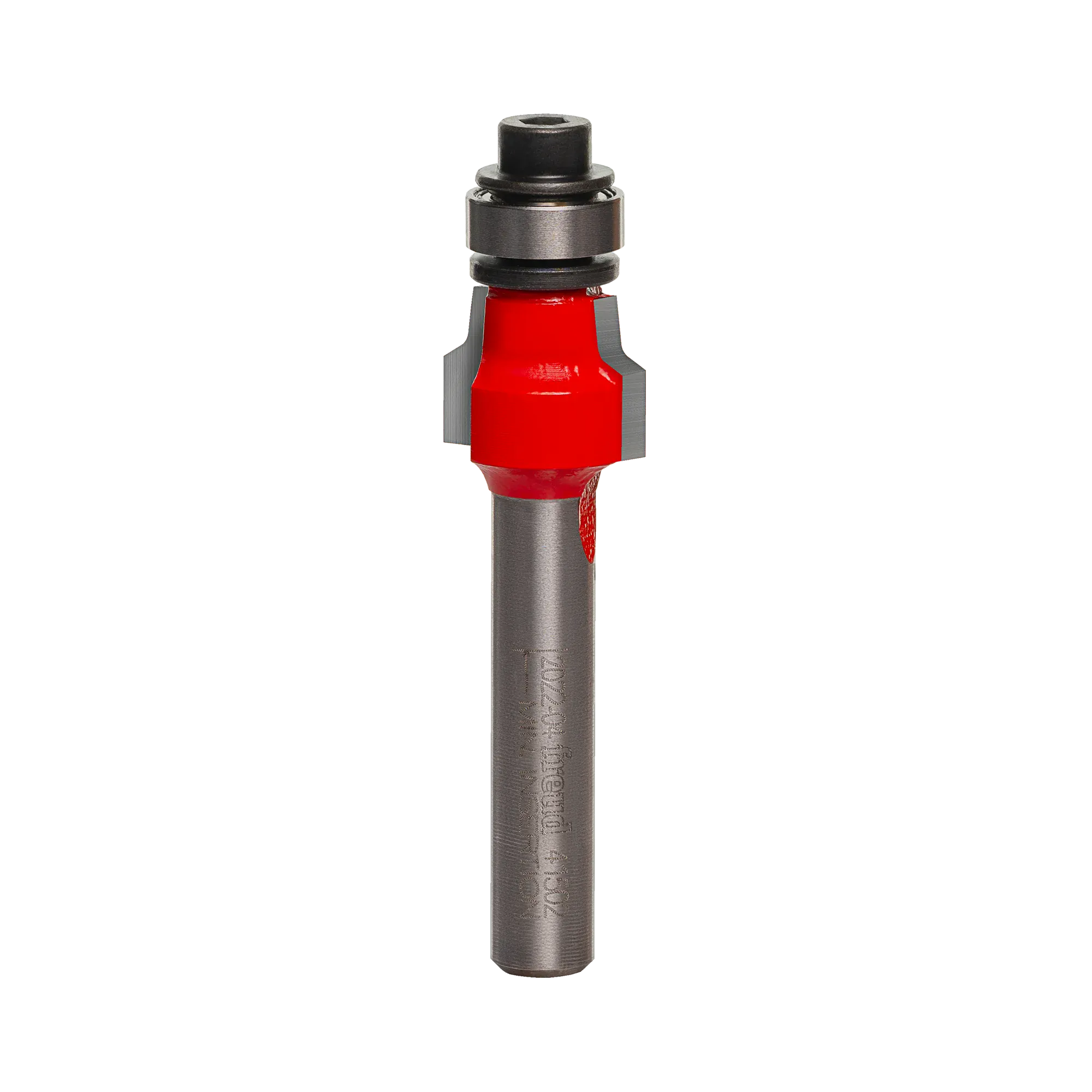 Studio shot of the Freud 41-502 Radius Laminate Trim router bit featuring a red Perma-SHIELD body, two carbide cutters, 1/4 inch silver shank, and top ball bearing guide.