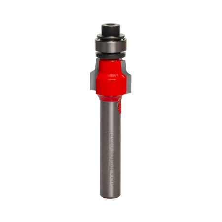 Studio shot of the Freud 41-502 Radius Laminate Trim router bit featuring a red Perma-SHIELD body, two carbide cutters, 1/4 inch silver shank, and top ball bearing guide.