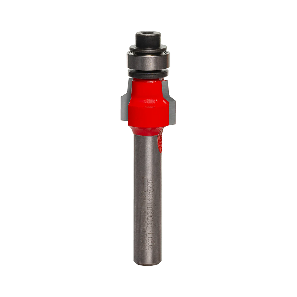 Studio shot of the Freud 41-502 Radius Laminate Trim router bit featuring a red Perma-SHIELD body, two carbide cutters, 1/4 inch silver shank, and top ball bearing guide.