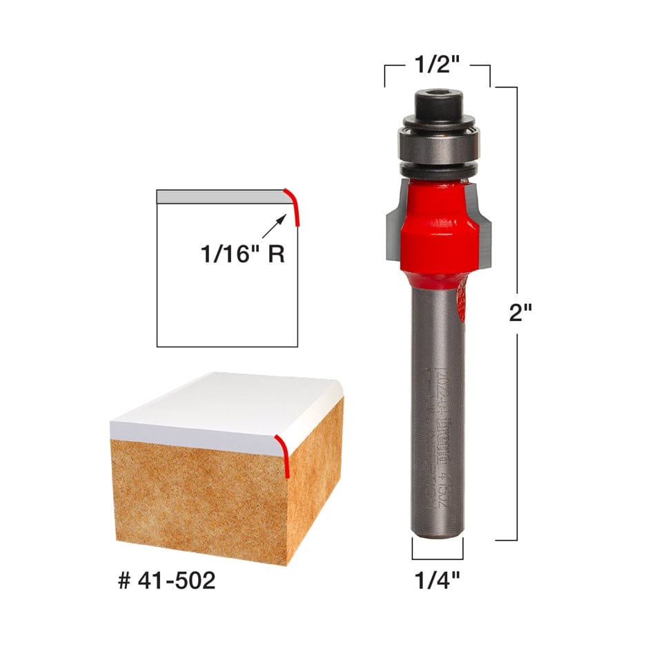 Technical profile diagram and dimensions of the Freud 41-502 bit, illustrating the 1/16 inch radius cut on a laminate edge and specifying a 1/2 inch overall diameter.