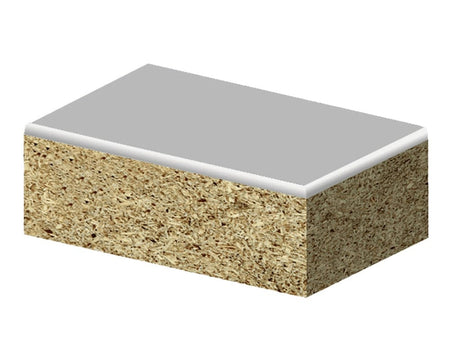 Illustration of a composite block with a white laminate top, displaying the smooth, rounded 1/16 inch radius edge finished by the router bit.
