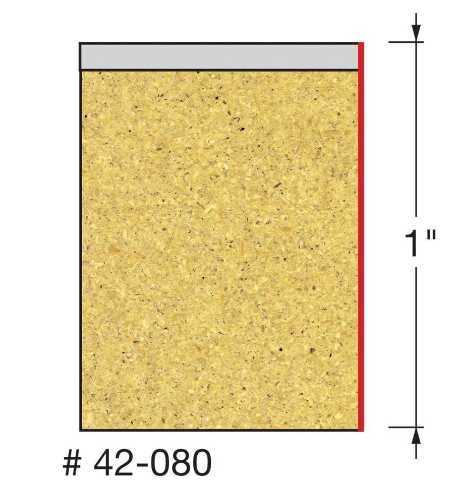 A technical cross-section diagram of a wood-textured workpiece showing a 1-inch vertical red line on the right edge to indicate the maximum carbide cutting height for the 42-080 bit.