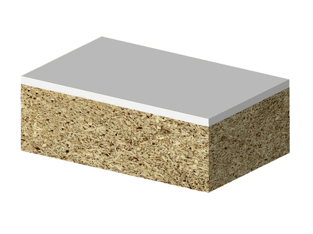 An isometric 3D render showing a rectangular piece of particle board with a thin grey laminate top layer, illustrating the materials suitable for flush trimming.