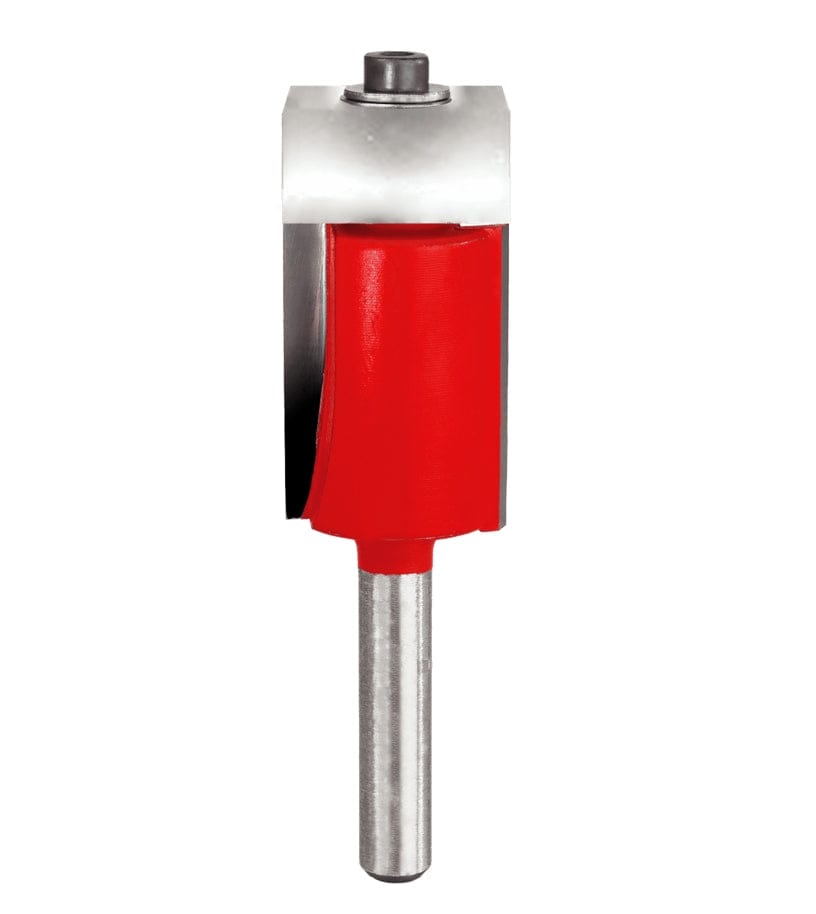 Studio shot of the Freud 42-090 Flush Trim router bit featuring a red Perma-SHIELD body, two straight carbide cutters, 1/4 inch silver shank, and a top-mounted ball bearing pilot.