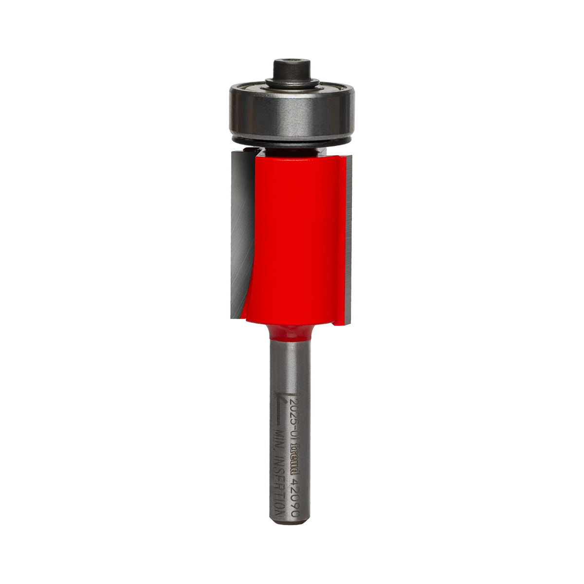 Studio shot of the Freud 42-090 Flush Trim router bit featuring a red Perma-SHIELD body, two straight carbide cutters, 1/4 inch silver shank, and a top-mounted ball bearing pilot.