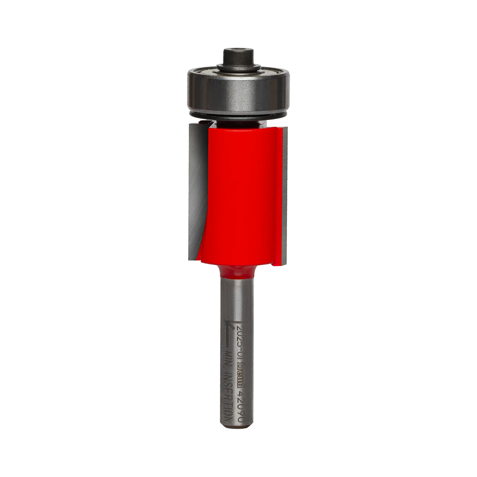 Studio shot of the Freud 42-090 Flush Trim router bit featuring a red Perma-SHIELD body, two straight carbide cutters, 1/4 inch silver shank, and a top-mounted ball bearing pilot.