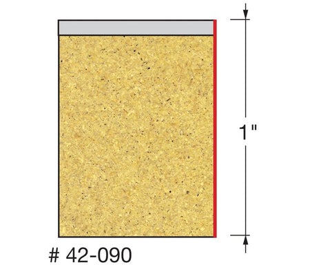 Technical profile diagram of the Freud 42-090 bit, illustrating a flush trim cut where the 1-inch cutting edge aligns perfectly with the top bearing to trim material flush with a template or substrate.