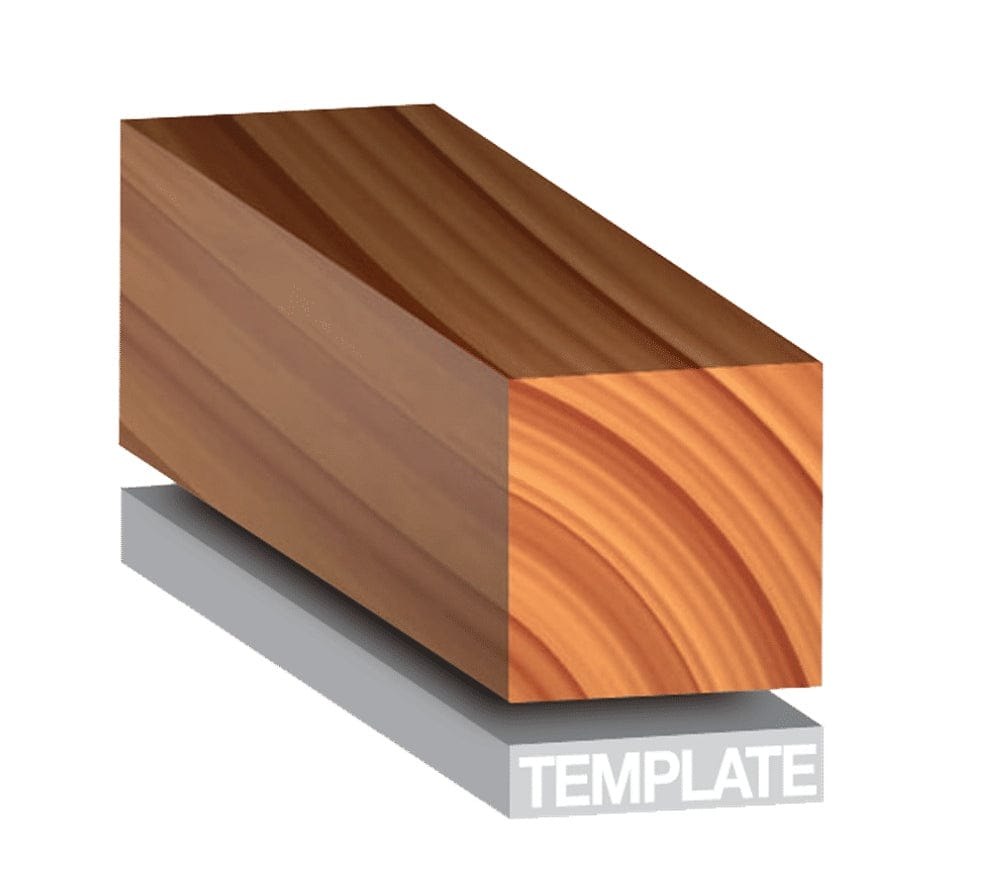 Illustration showing how the flush trim bit follows a template guide below the workpiece to duplicate a shape onto the wood block above.